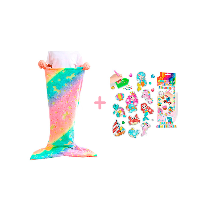 Paket SparkleMermaid vključuje kar 2 igrači – dekliško odejo v obliki repa morske deklice in set za ustvarjanje z diamanti in nalepkami!